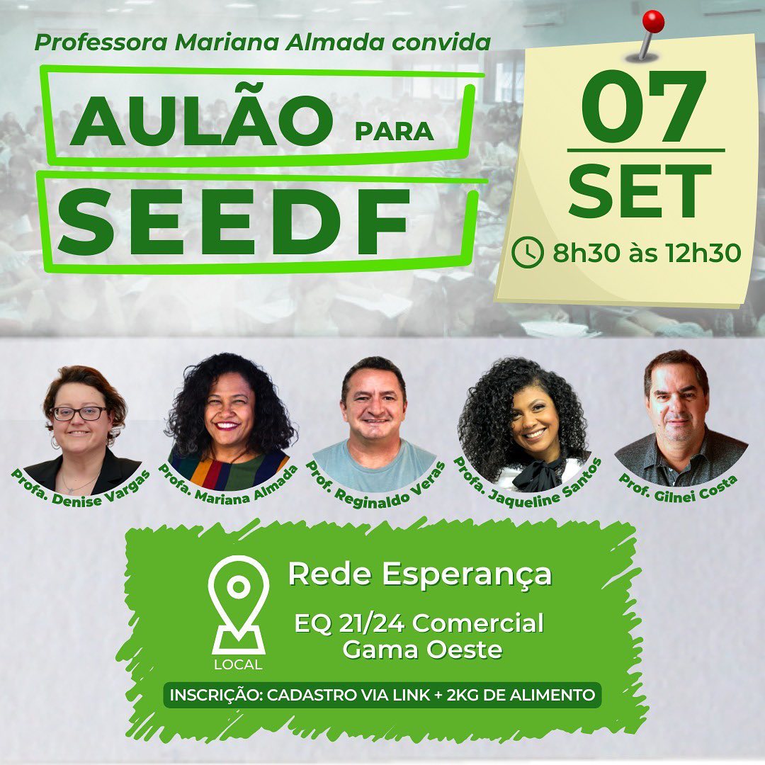 ReginaldoVeras's tweet image. PARTIU ESTUDAR NO FERIADO!?

Dia 7/9, quarta-feira, a partir das 8h30, estaremos no Gama Oeste em um aulão preparatório para a prova da Secretaria de Educação do DF. 

Inscrições: forms.gle/qqSMmTzcKjFkmf…

Aguardamos você! ✅

#aulaosedf #sedf #concurso #aulao #df