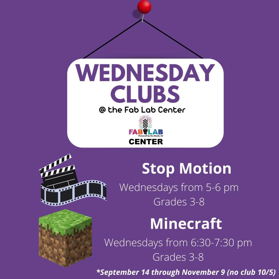 BucksIUSTEAM's tweet photo. Do your kids love to create their own content? If so, Wednesday club sessions are made for them!
Stop Motion: https://t.co/zeK6fgRgeN
Minecraft: https://t.co/pbvIdPF5yp
#STEAMeducation #STEMforkids #CSforAll #STEMinPA #FabLabCenter #fabrication #stopmotionstudio #minecraft https://t.co/irXejm1w4W