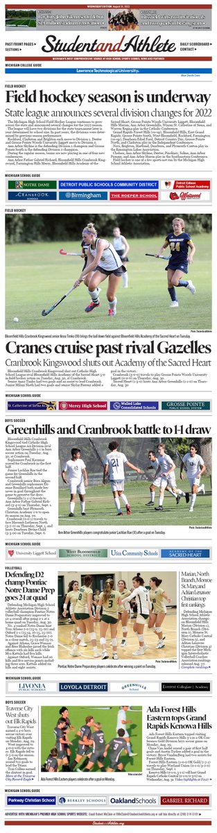 Cranbrook field hockey leads coverage on 
Wednesday, August 31, 2022, front page of studentandathlete.org
studentandathlete.org/08_august_2022…
Michigan's premier source of high school sports news.
<a href="/CK_FieldHockey/">Cranbrook Field Hockey</a> <a href="/GreatLakesRFH/">Great Lakes Regional Field Hockey</a>