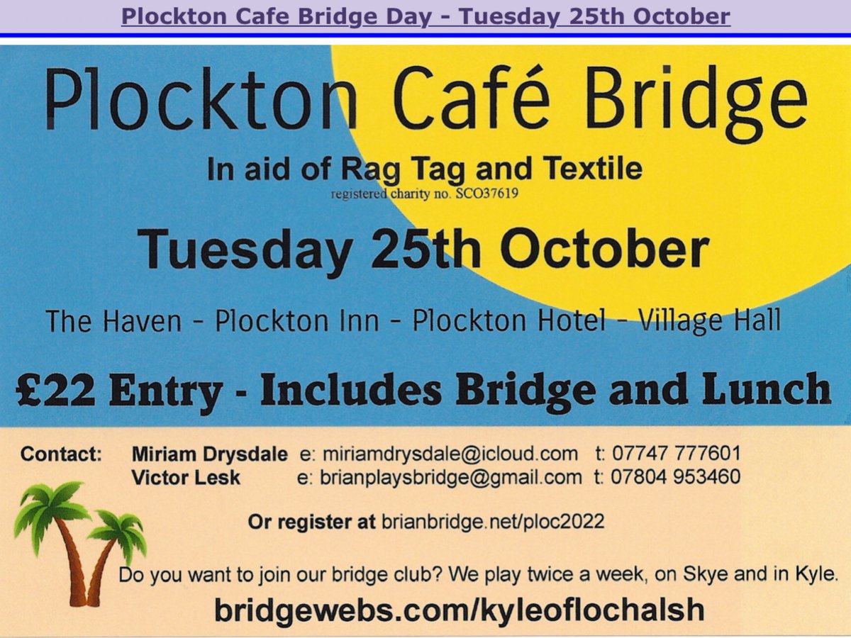 Getting  close to target: 100 players coming to Planet Plockton to play bridge! 
CaféBridge is a grand mixture between a duplicate tournament and a pub crawl. 
Competitive bridge  fun plus  food, drinks and walks. Ours  takes place with chocolate box views of the  sea. 
Retweet🙏