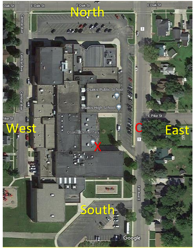 ISD213's tweet photo. Hello parents and community members. The elementary student crosswalk is patrolled by staff and labeled as "C" on the map.  The elementary school entrance is labeled "X". Students coming from the east should stay on the east sidewalk and walk south to our designated crosswalk. https://t.co/c7vc9SJ80E