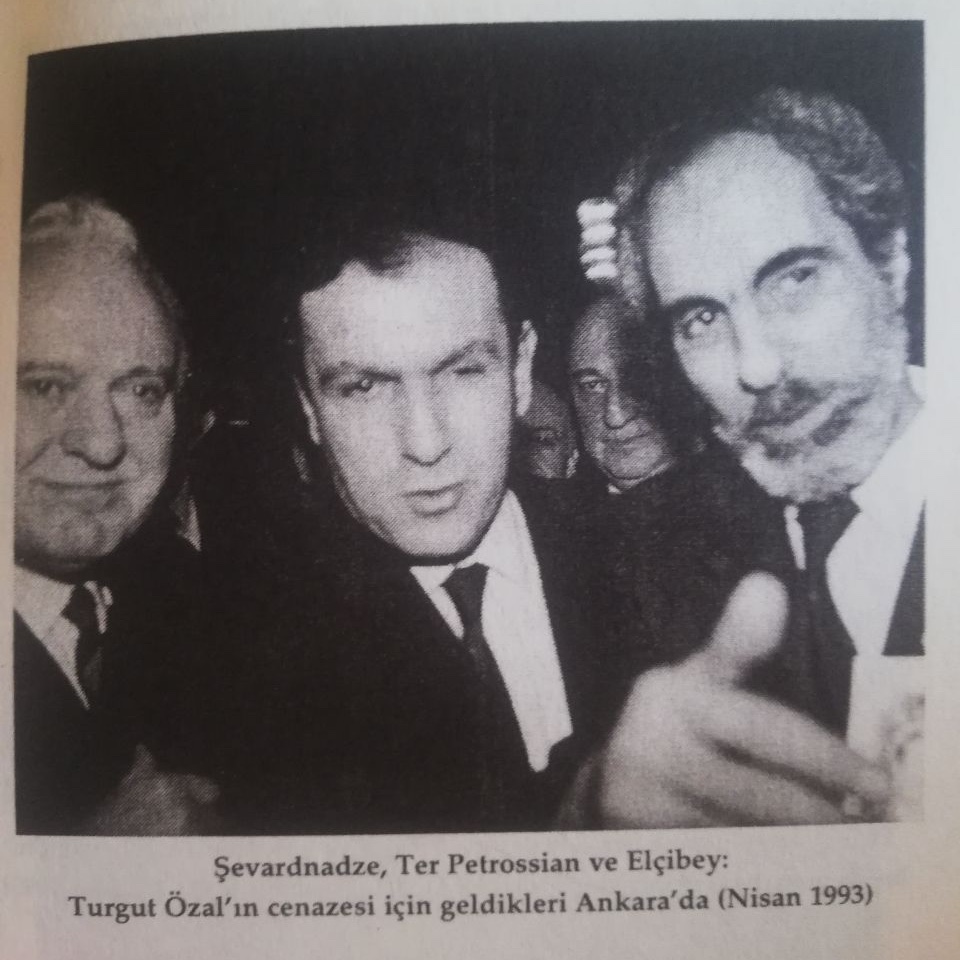 Presidents of Georgia (Shevardnadze), Armenia (Ter-Petrosyan) and Azerbaijan (Elchibey) at the funeral ceremony of the Turkish president Turgut Özal. Ankara, April 21, 1993. 
The photo is from Candan Azer's collection.