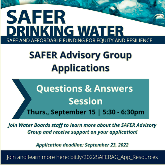 CaWaterBoards's tweet photo. Did you miss the first Q/A session on applying for the SAFER Advisory Group? No worries-another one is on tap 9.15. Head over to the link in our bio for videos and resources on how to apply or contact SAFER@waterboards.ca.gov. 
Deadline to apply is Sept. 23. https://t.co/7lKKSaNiVS