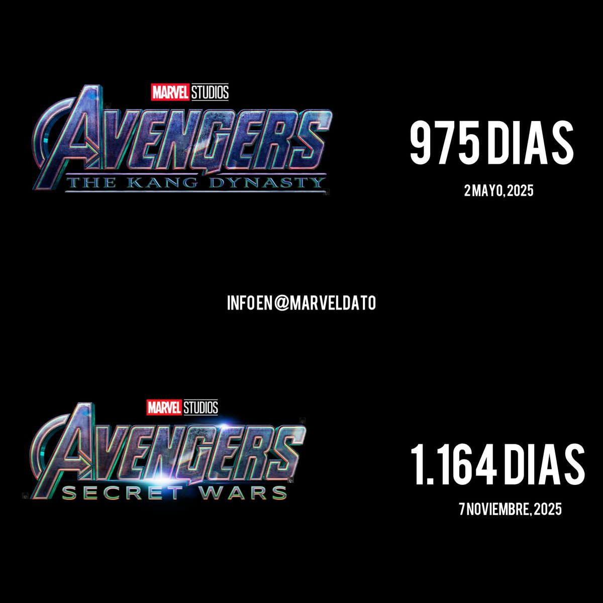 MarvelDato's tweet photo. 🎬 YA CASI | Cada vez menos para los estrenos más potentes de la fase 5. No falta nada😏

#AvengersKangDynasty
#AvengersSecretWars https://t.co/1rYuEbDxRh