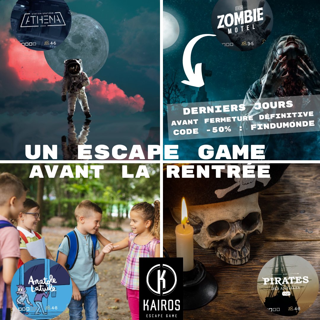 Un escape game avant la rentrée des classes ! Fermeture de la mission "Zombie Motel" 🧟‍♂️🧟‍♀️, -50% sur votre réservation avec le code FINDUMONDE. 
💻 kairos-escapegame.com 

#escaperoom #escape #challenge #weekendvibes #team #kids #enfants #mercredi #adventure #escapegame #enigme