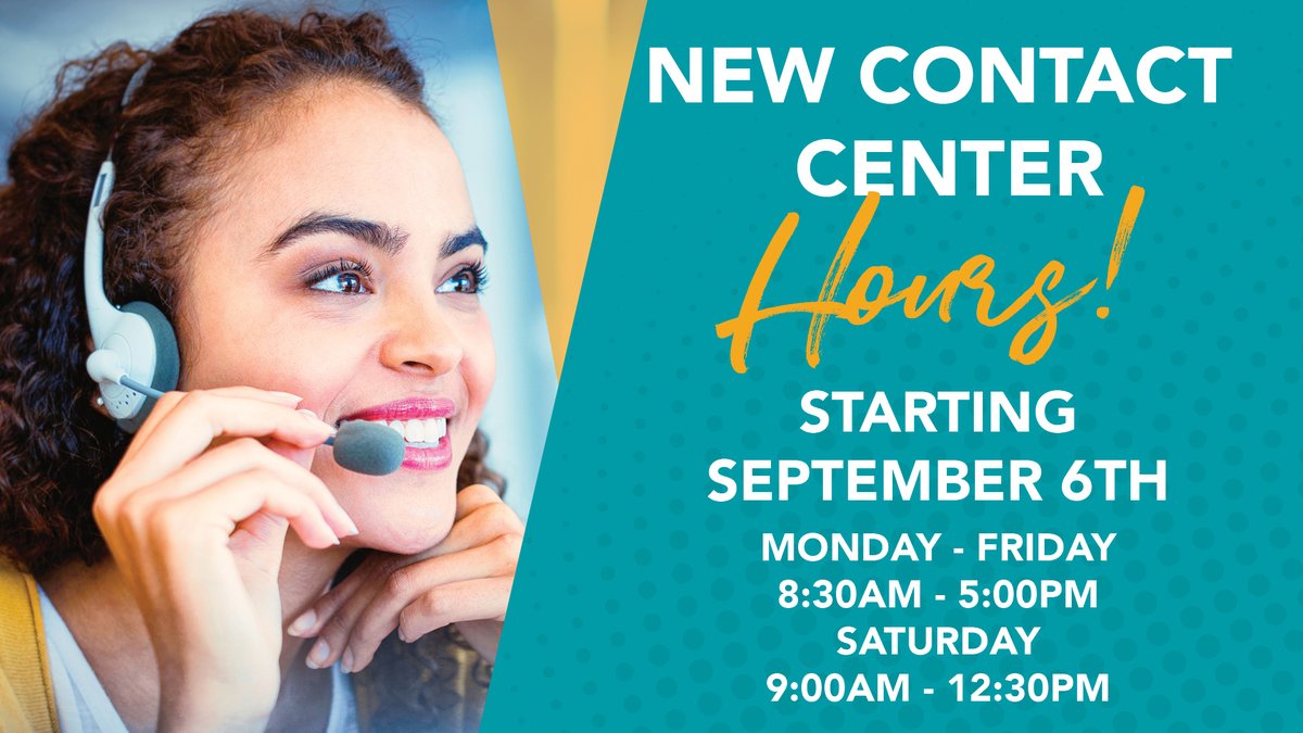 CommonwealthCU's tweet photo. 📣NEW HOURS! 📣 Our call center will be getting new hours starting September 6th. Our new hours are Monday - Friday 8:30am - 5:00pm and Saturday from 9:00am - 12:30pm. 📞

#NewHours #ContactCenter #CommonwealthCreditUnion https://t.co/O2udg2Vf7f