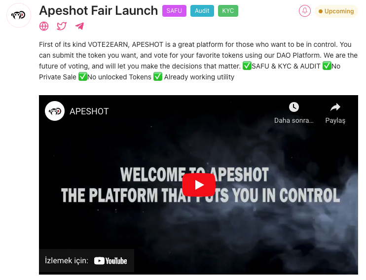 apeshot_io's tweet photo. Last 1 hour left to our fair launch. Get your beans ready. New age begins.

Pinksale: https://t.co/obS3S6Ncoc

Whitepaper: https://t.co/b64nZGRoXr

Website: https://t.co/jf7rJSY1SR

Dapp: https://t.co/mMKkZZ4N1y https://t.co/9aEBYRPkCf