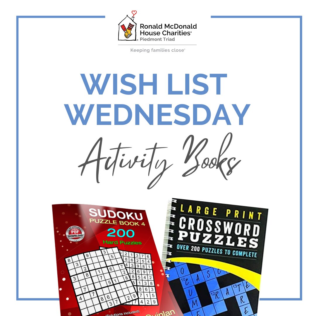 Help us stock our Hospitality Carts with activity books this #WishListWednesday!

Donate at the click of a button: bit.ly/RMHCPTcart or drop off items at the Ronald McDonald House: 419 S. Hawthorne Road, Winston-Salem, NC 27103