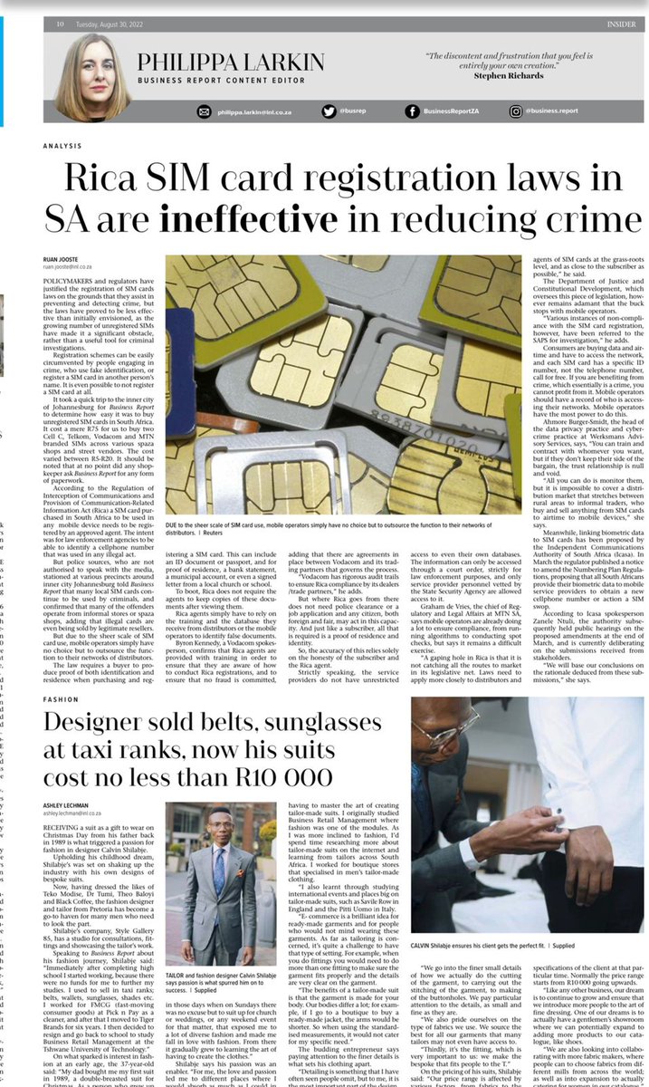 CShilabje's tweet photo. What a great honor to be featured on Business Report article on my entrepreneurial journey and passion for tailoring, thanks to an amazing and award winning PR team @EBonokoHoldings @StyleGallery85 https://t.co/8ByhBxjlC3