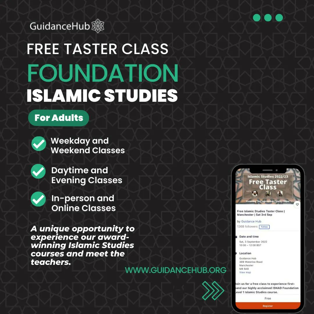 guidancehub's tweet photo. Free taster class - this Saturday 3rd September!

A unique opportunity to experience our award winning Islamic studies courses &amp; meet the teachers.

Don't miss out: https://t.co/G9hpAOJY6p https://t.co/GIoPmi4Wkw