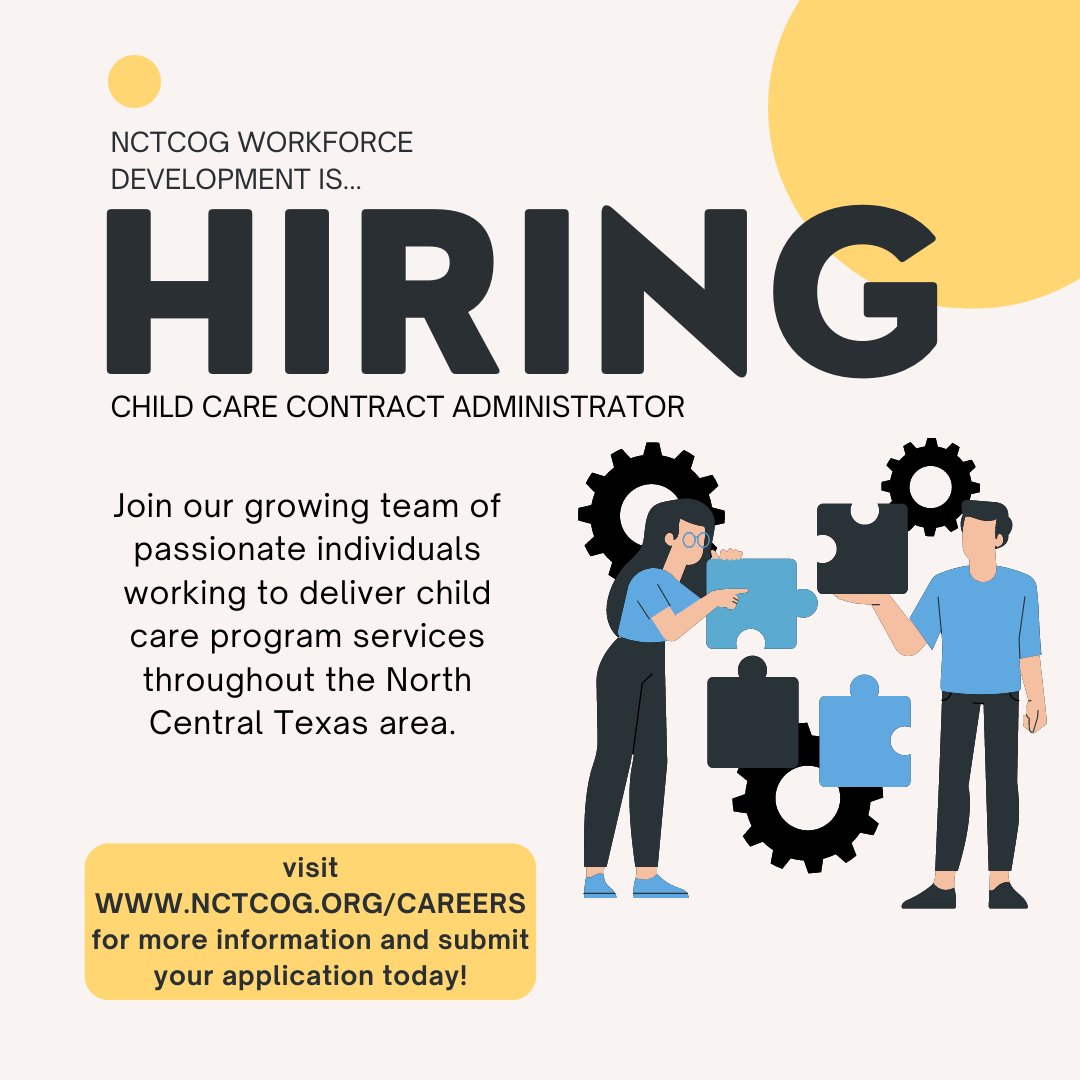 NCTCOG #WorkforceDevelopment is hiring!

Click the link below for more information🖱️🖥️
lnkd.in/e4DkP7A

#nowhiring #hiring #newjobopportunity #childcareprofessional #NCTCOG