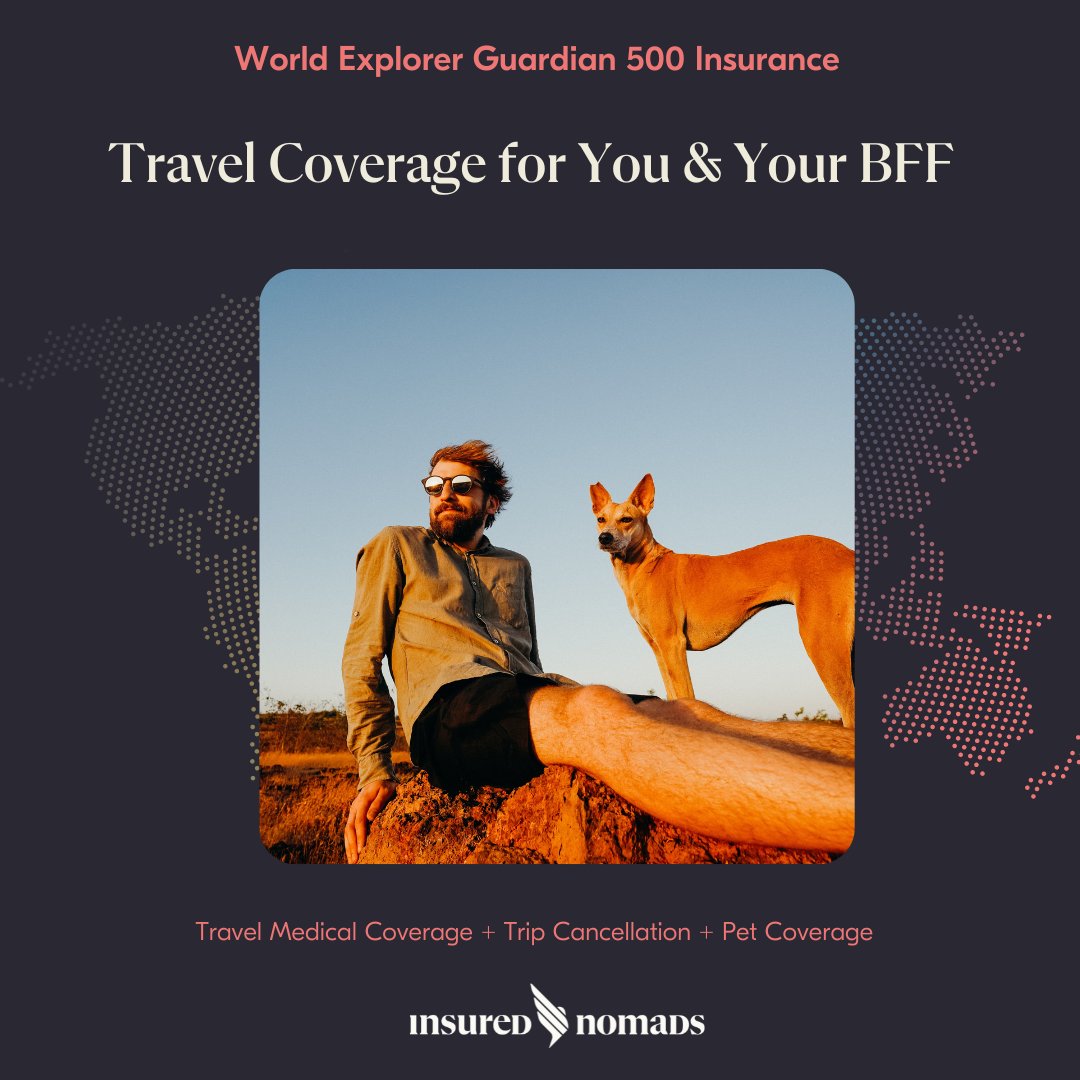 Insure your trip, your medical, and your pet with World Explorer Guardian 500 insurance! 
#worldexplorerinsurance #travelinsurance #traveller #digitalnomad #remotework #worldexplorerguardian #tripcancellation #tripdelay #tripinterruption #travelmedical #traveltips