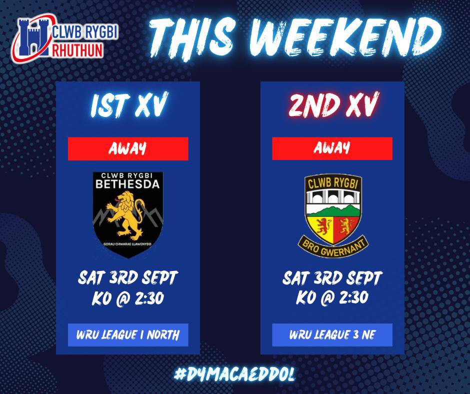 💥Mae Rygbi yn nol/Rugby is back!💥

League season starts this weekend….

*1st XV*
🆚 | Bethesda 1st XV (Away)
🏆 | League 1 North
📅 | Sat 3rd Sept
⏰ | KO 14:30

*2nd XV*
🆚 | Bro Gwernant (Away)
🏆 | League 3 North East
📅 | Sat 3rd Sept
⏰ | KO 14:30

#dymacaeddôl