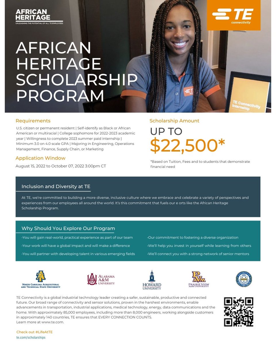 ncatocs's tweet photo. #NCAT sophomores, TE Connectivity has launched their African Heritage Scholarship program. For students majoring in engineering, operations management, finance, supply chain or marketing. Check out the flyer for more details and apply by October 7th! #NCAT25 #LifeAtTE https://t.co/7abaxJ4uFd