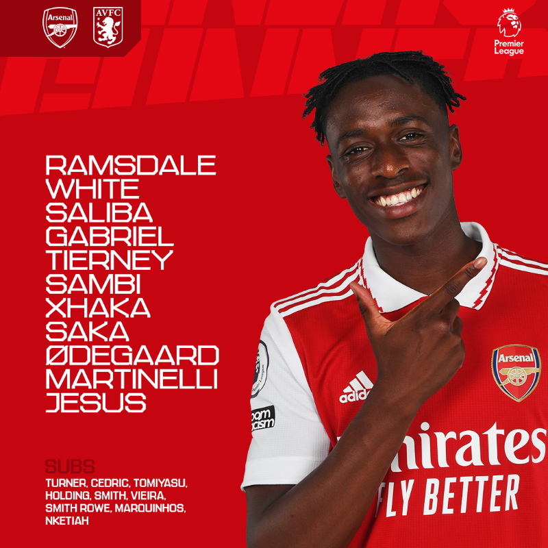 Arsenal's tweet photo. 🚨 Here’s how we line up for #ARSAVL 

🇧🇪 Sambi starts in midfield
🇧🇷 @biel_m04 at the back
🏴󠁧󠁢󠁥󠁮󠁧󠁿 @AaronRamsdale98 between the sticks