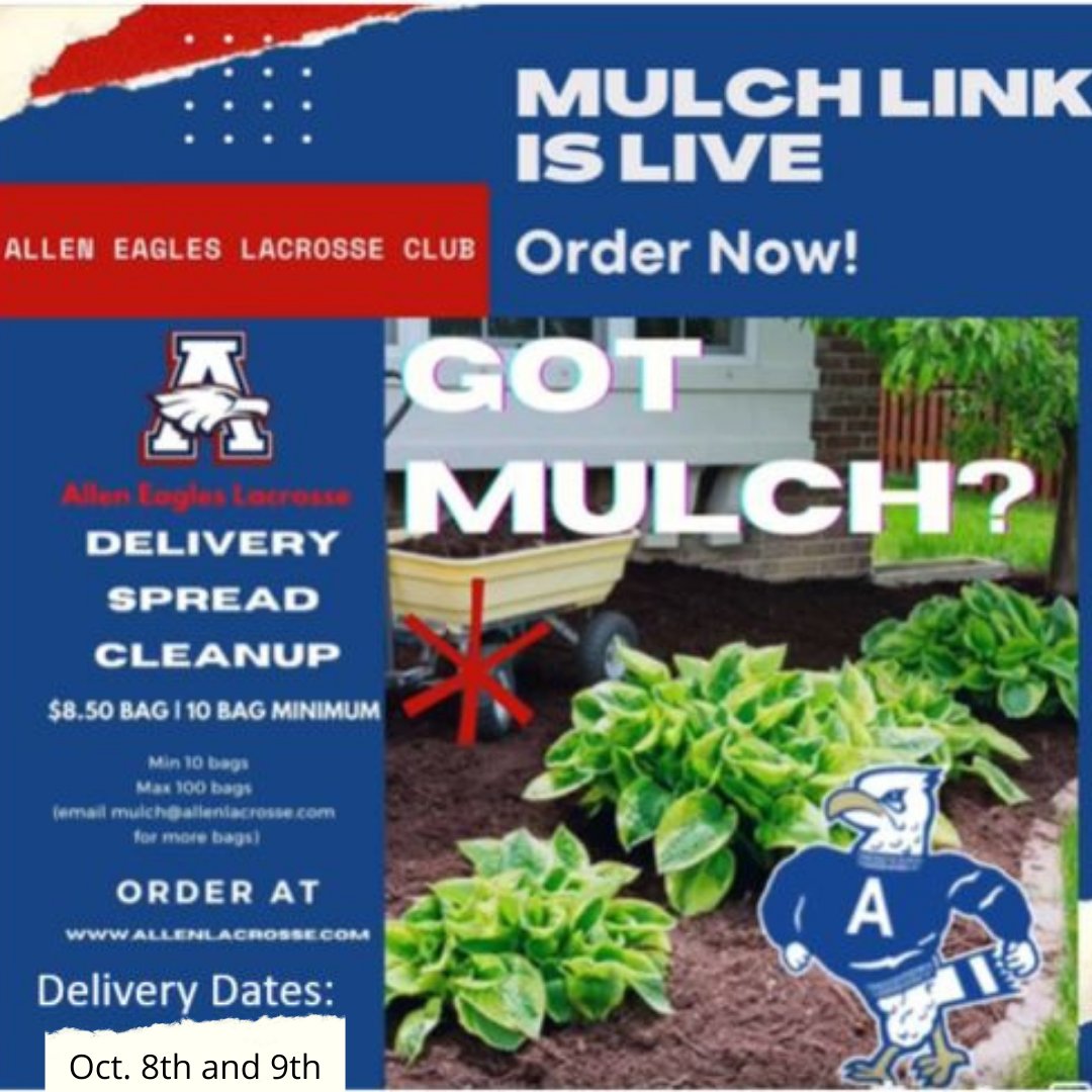 Mulch is a great way of re-planting your lawn in a cost effective and time efficient manner. Allen Lacrosse is having it's annual mulch sale.  Mulch = happy lawns, better plants.

#AllenTX #lacrossefundraiser