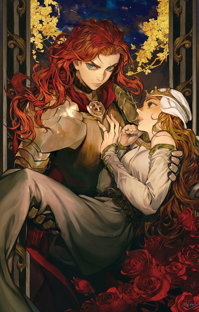 flower red hair long hair armor rose dress princess carry  illustration images