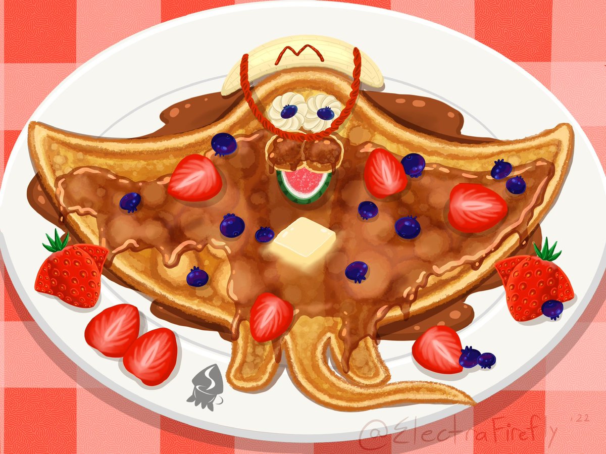 Big Man-cake 🥞 

Giant fluffy pancake in the shape of Big Man. Server with berries, fruit and cream. 

#Splatoon3 #SplatCafe #スプラトゥーン3