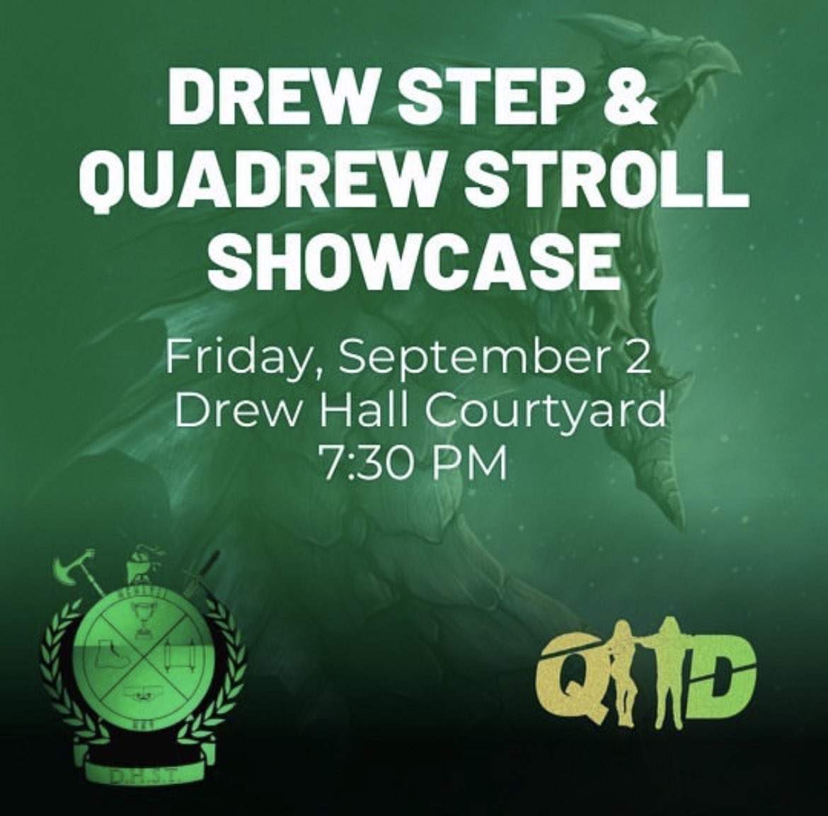 DHST__'s tweet photo. Come witness the legacy this Friday, September 2nd at 7:30 in the Drew Hall Courtyard. Drew Step and QuaDrew Stroll will be putting on a show and you don’t want to miss it. 🔋🐉 #hu26 https://t.co/WykDET63IT