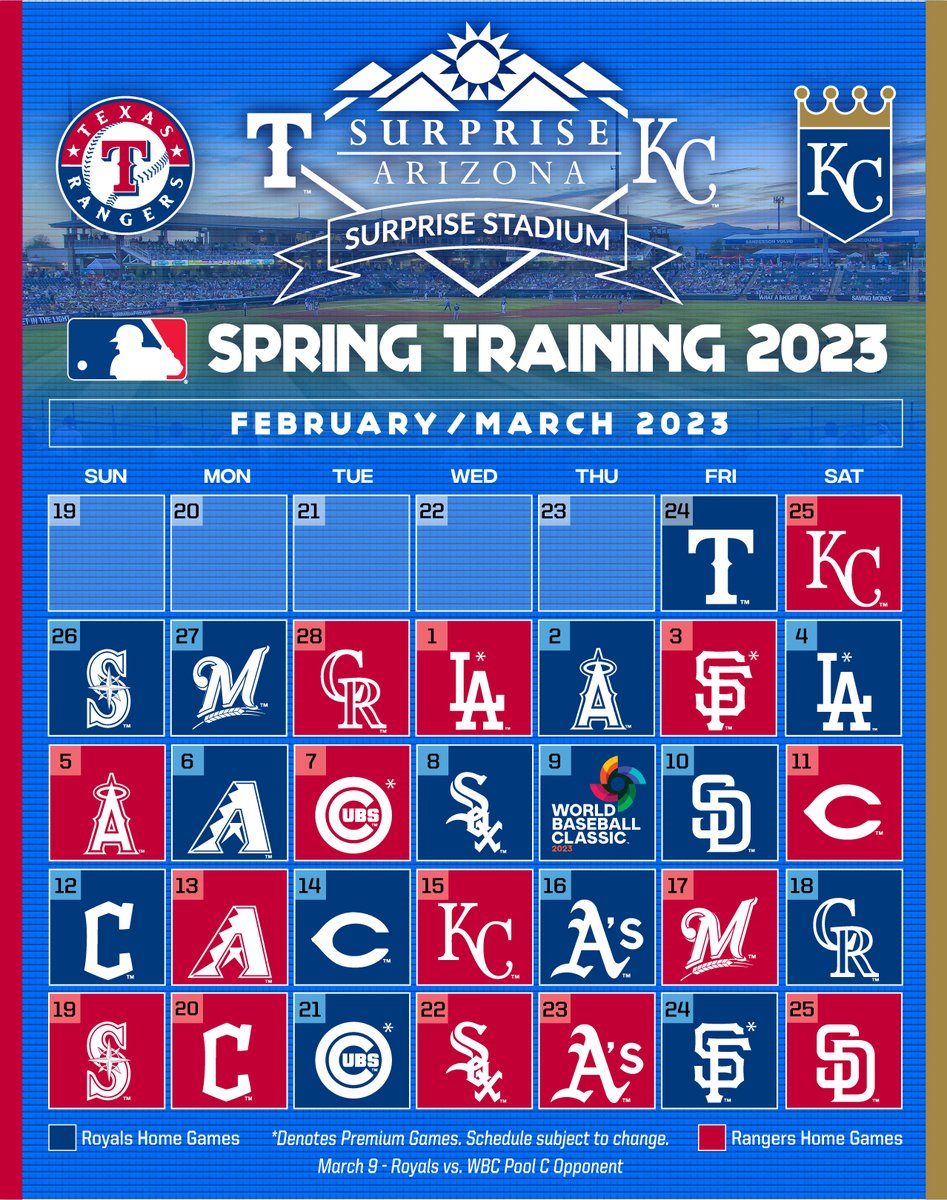 Surprise Stadium on X: 🎉Spring Training 2023 Schedule🎉 @Royals &  @Rangers have released the 2023 @cactusleagueaz Spring Training schedule!  💻: Start Planning your Spring Training trip by  visiting @SurpriseTourism