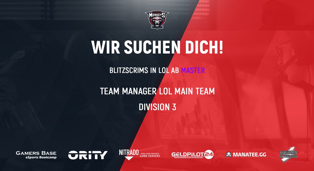 [#LOL] [#MainTeam]

Wir suchen Verstärkung für unser Main Team.

Du möchtest ein Prime League Div. 3 Team verwalten? Dann melde dich bei uns auf dem Discord oder per Mail. 

Du hast ein Team in LOL ab Master und bist bereit für Blitzscrims? Dann schreib uns gerne eine PM.
