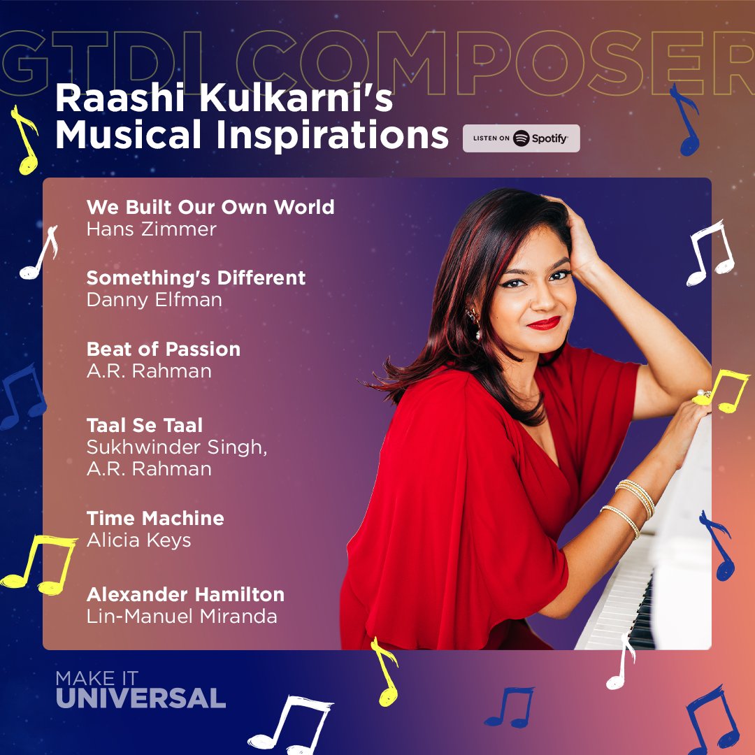 makeituniversal's tweet photo. Raashi is our latest 21-23 GTDI Composer Program cohort member to be featured in our #universalsounds series, so be sure to take a peek into Raashi’s own musical inspo with her curated playlist! https://t.co/5etvoG2Myy #FilmComposers #MakeItUniversal (2/2) https://t.co/kWc1u7pWzI