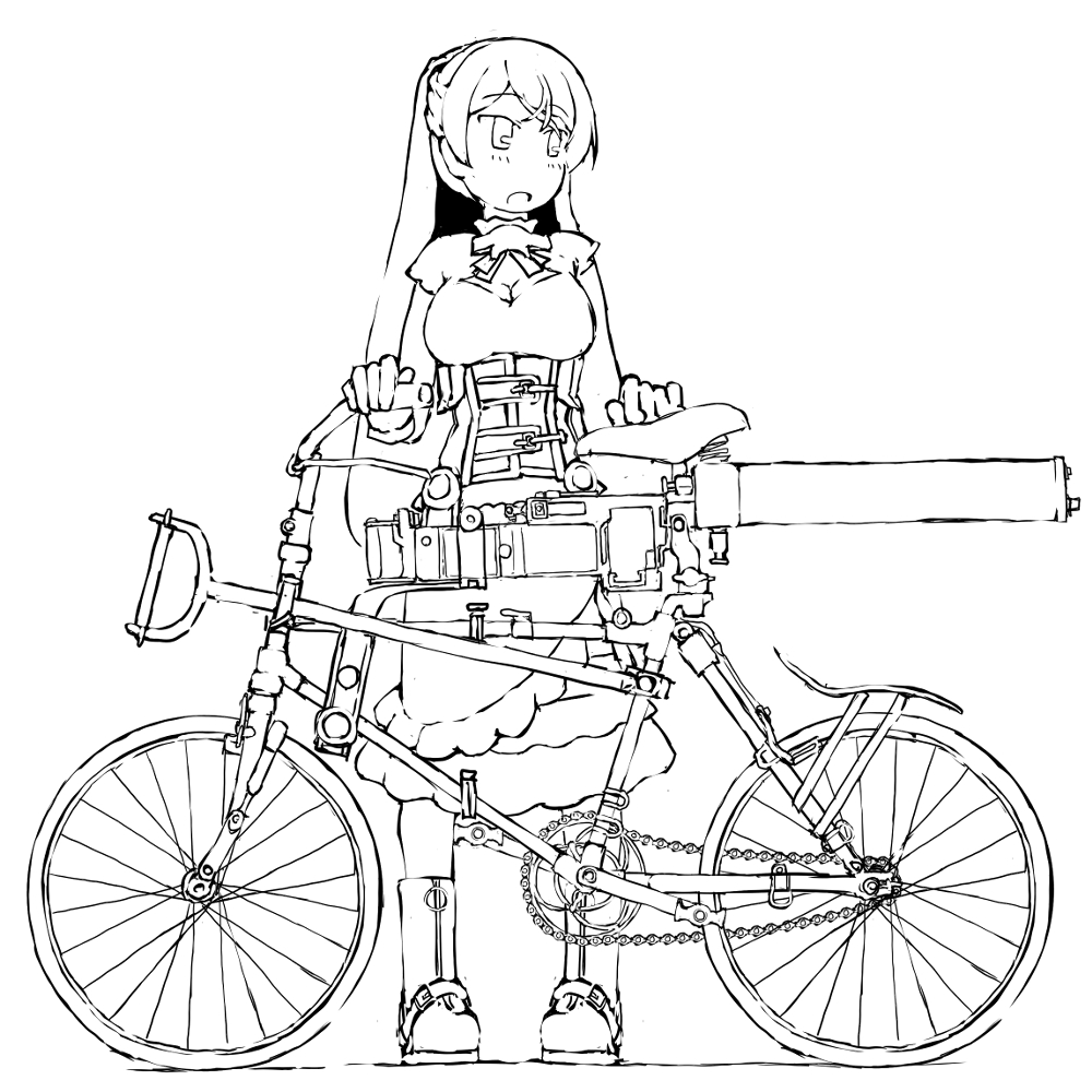 艦これラクガキ、カブールさん^^
ビアンキの折り畳み自転車(Bianchi Model 1912 Military Folding Bicycle)とフィアットの機関銃(Fiat–Revelli Model 1914)
WWIの装備ですね、車体の左側についているスコップの柄みたいなのを展張すると車輪と合わせて3点で立ち、三脚架になるという! 