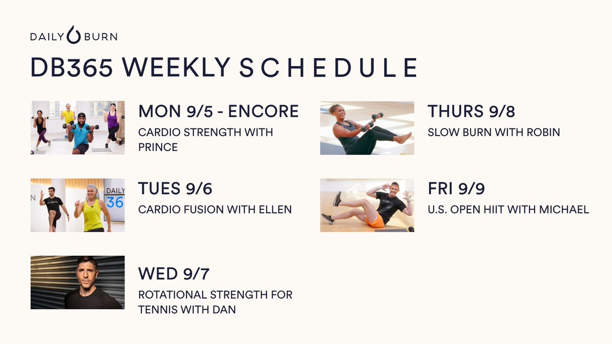 dailyburn's tweet photo. Kick off the week with Prince's #cardiostrength class &amp; then fuse your fave moves with Ellen's #lowimpact cardio. Join Dan in rotational strength b4 slow'n it down with Robin. Explore all kinds of puns &amp; lunges in Michael's U.S. Open HIIT. Grab your visors &amp; reign victorious.👑 https://t.co/4aksLtQtup