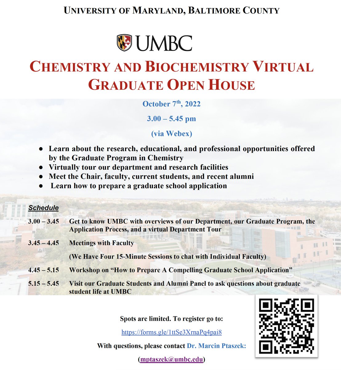 UMBC's new open house flyer, now with QR codes for registration! @VillanovaChem @Rutgers_Chem @umbc_lsamp @MorganStateU @PSU_BCS @LehighValleyACS @LehighChem @ChemistryTcnj @washcoll @McDanielCollege @StevensonU @yorkcollegepa @TempleUniv @KutztownU