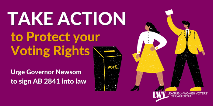 🚨TAKE ACTION: Prevent mistaken voter registration cancellation &amp; protect the #votingrights of people with disabilities under conservatorship. Urge <a href="/CAgovernor/">Governor Gavin Newsom</a> <a href="/GavinNewsom/">Gavin Newsom</a> to sign #AB2841 (<a href="/Evan_Low/">Evan Low</a>). Join <a href="/LWVC/">LWVC</a> and <a href="/ACLU_CalAction/">ACLU California Action</a> and take action here: bit.ly/3KBQf6U