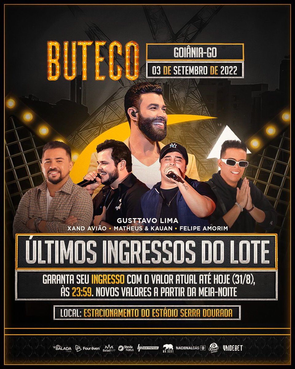 OficialButeco's tweet photo. ÚLTIMOS INGRESSOS!!
Atenção, butequeiros de Goiânia, restam pouquíssimos ingressos do lote atual do festival #ButecoGYN! Adquira sua entrada com o valor atual até 23:59 de hoje (31/8), novos valores a partir da meia-noite. https://t.co/6Ols6RW1Ro