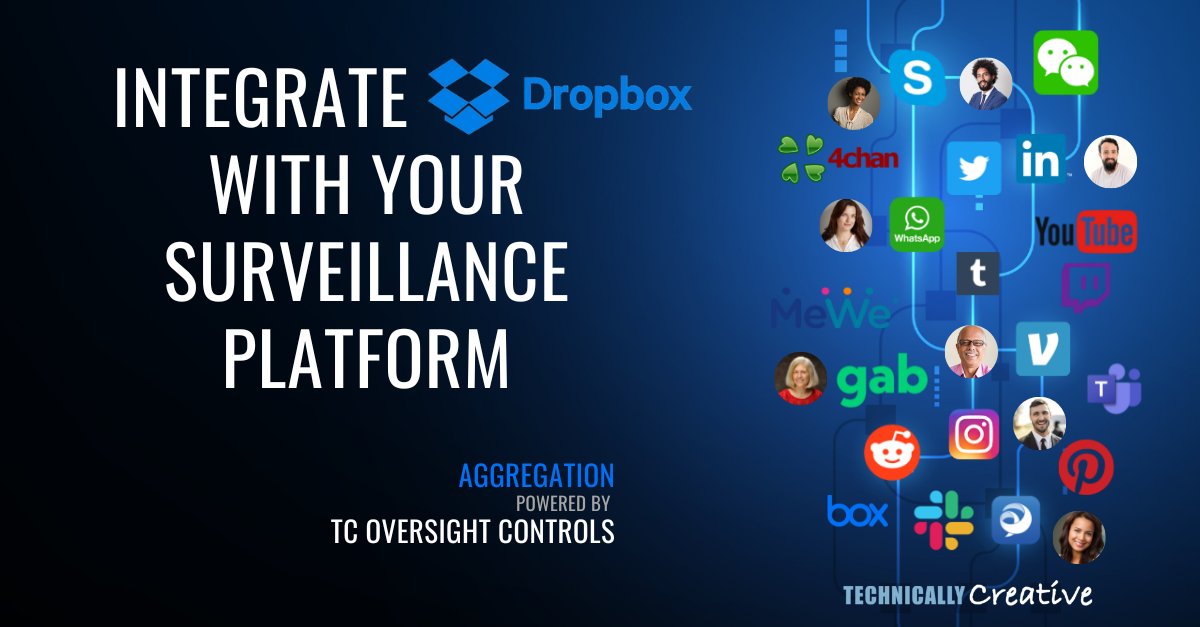 Do you use DropBox for business collaboration? Integrate Dropbox with surveillance&amp;eDiscovery platforms. Apply content controls, DLP, DRM, and audit use across your entire organization. Close compliance gaps with TCOC bit.ly/3MRKfaU

#Surveillance #TCOversightControls