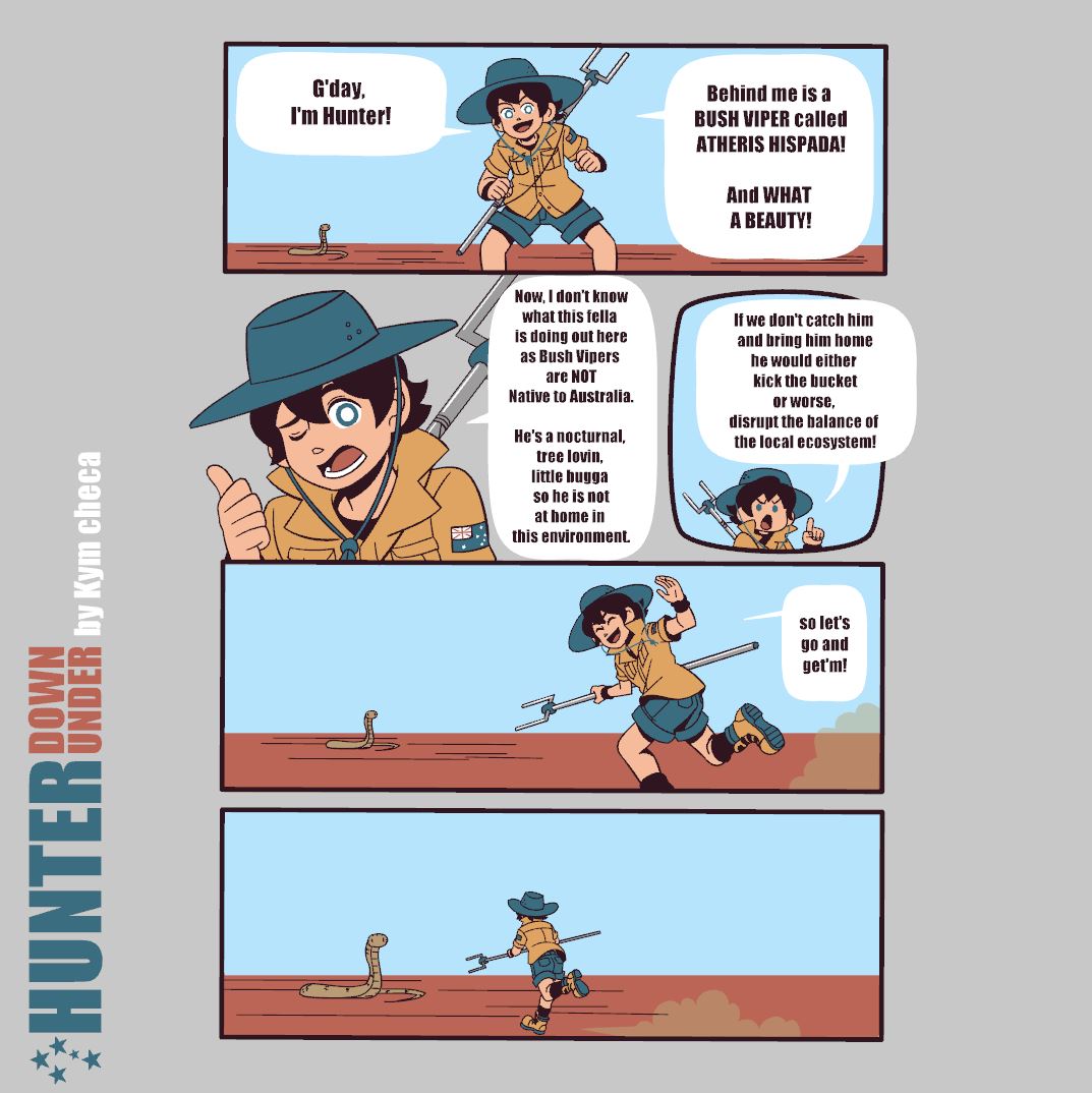 KymCheca's tweet photo. Bit of a silly Comic Idea: Hunter Down Under
A wildlife conservationist getting the job done, big or small.

Totally inspired by Hunter X Hunter :p

#indiecomics #comics https://t.co/t1HfYOkNlz