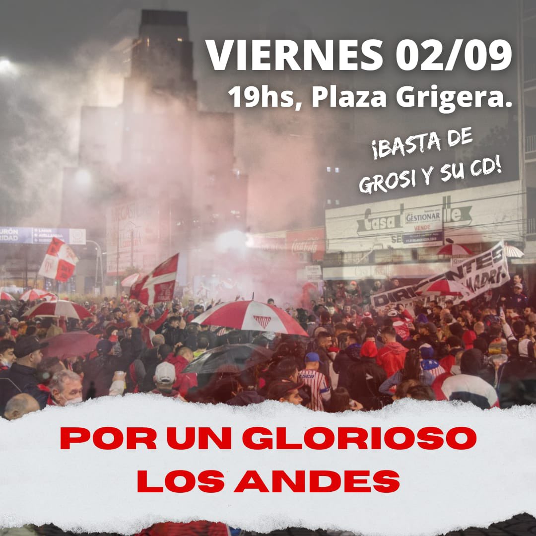 🗓 Este viernes 02/09, desde las 19hs nos volvemos a encontrar en Plaza Grigera, frente al municipio de Lomas de Zamora, para seguir luchando por recuperar nuestro club. 

⛔️🚫 BASTA de esta Comisión Directiva nefasta, autoritaria y violenta. 🔻 LOS ANDES ES DE SUS SOCIOS/AS 🇦🇹