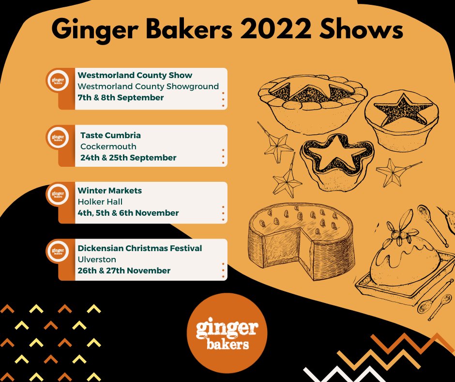- 2022 UPCOMING SHOWS - We'll be at the Westmorland Show, Taste Cumbria, Holker Winter Markets & Ulverston Dickensian Festival. See photo for dates and more details. #tradeshow #christmas #cumbria