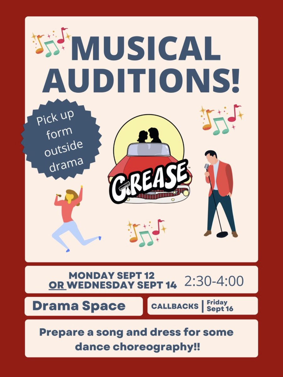 🎤🎵Grease Musical Auditions 🎵🎤 Monday Sept 12 OR Wednesday Sept 14 in the drama space (2:30-4:00pm). Pick up an audition form from the drama space ! Prepare a song and come prepared to do a small choreography piece! Break a leg 🕺🏻💃🏼🎭 <a href="/PVNCCDSB/">PVNCCDSB</a> #BeingCreative #BeingWell