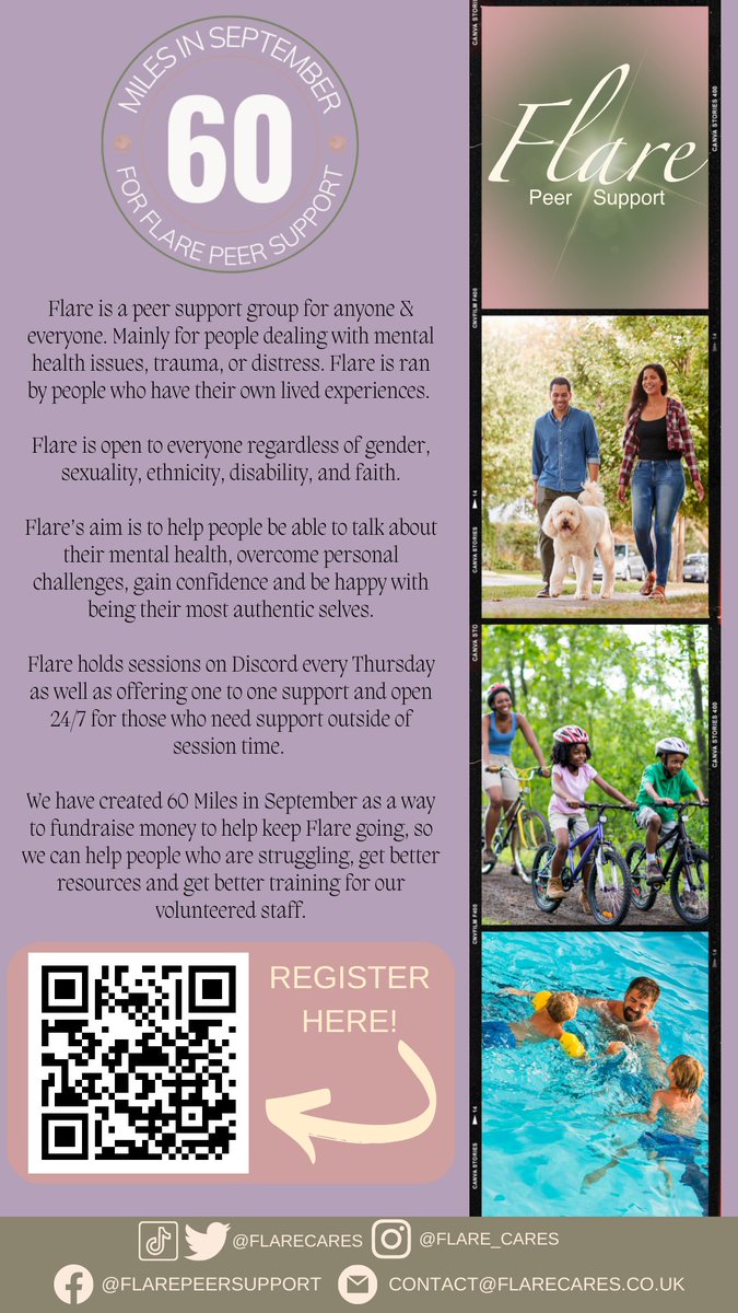 FlareCares's tweet photo. Tomorrow is the first day of our 60 miles in September Fundraiser! If you are looking for a fundraiser to join either scan the QR code or contact us for more information! 
-
#peersupport #mentalhealth #mentalhealthawareness #trauma #distress #safespace fundraiser #fundraising https://t.co/1Z9L7i4LHR