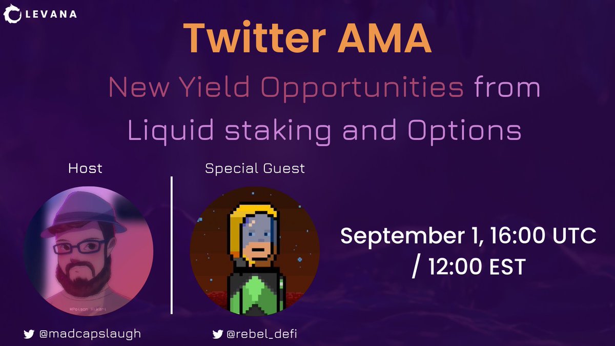 Levana_protocol's tweet photo. Join a #DeFi focused AMA with special guest @rebel_defi on the topic:
"New #Yield Opportunities from Liquid Staking and #Options" (I know, it's a mouthful).
September 1, 16:00 UTC / 12:00 EST
Where: https://t.co/Yl6VrZB4sx
@JunoNetwork $juno $atom #cryptocurriences https://t.co/UIa4wNUq3H