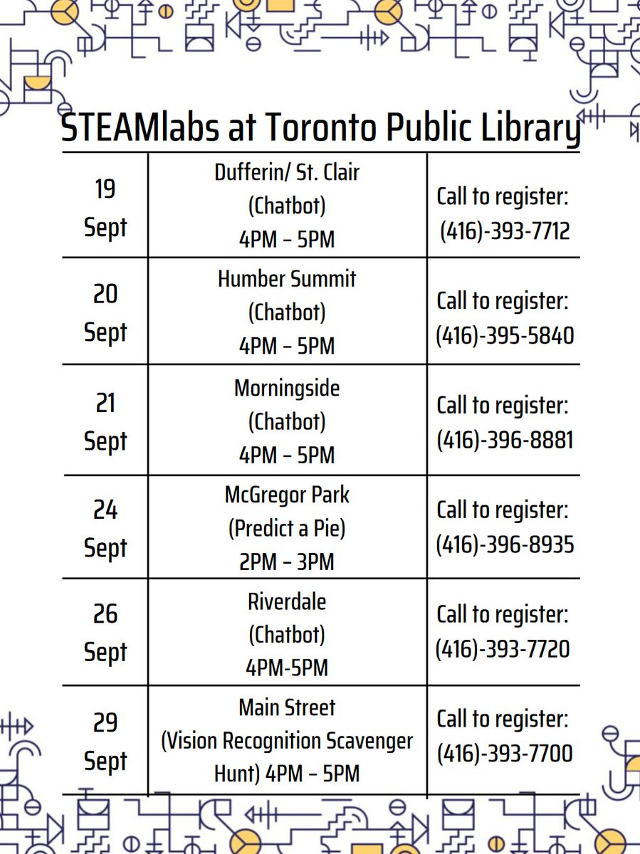 STEAM_Labs's tweet image. STEAMlabs will be hosting in person kids classes @Torontolibrary during September. Space is limited so please register ahead of time. To register please call the branch or visit them in person! #machinelearning #AI #codingforkids #roboticsforkids