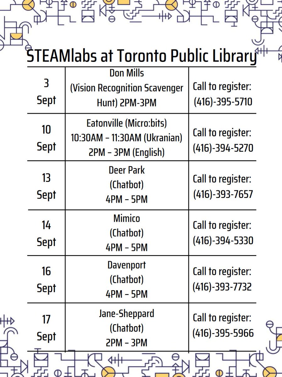 STEAM_Labs's tweet image. STEAMlabs will be hosting in person kids classes @Torontolibrary during September. Space is limited so please register ahead of time. To register please call the branch or visit them in person! #machinelearning #AI #codingforkids #roboticsforkids