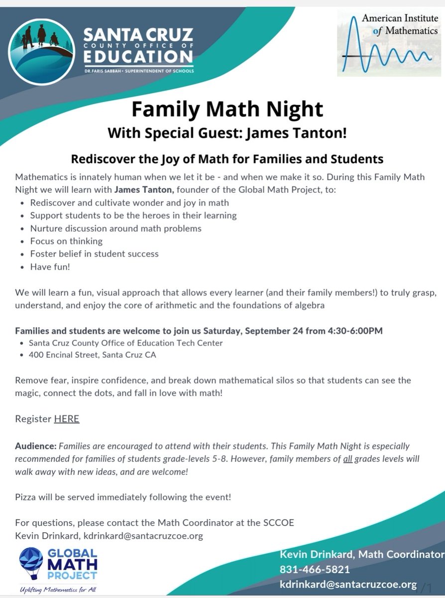 RhmsBobcats's tweet photo. The Santa Cruz County Office of Education  is offering a fun,  focused event for families! Come out and enjoy some math thinking with the amazing James Tanton, founder of the Global Math Project. https://t.co/qpQjkw8f5S