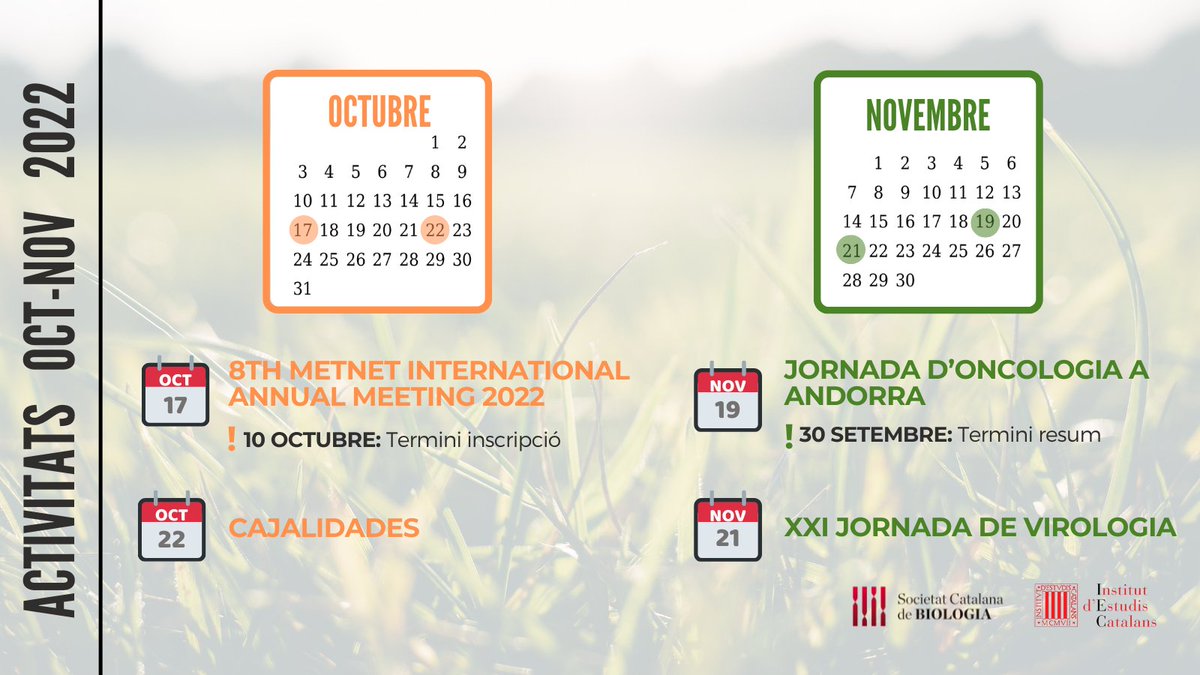 SCB_iec's tweet photo. Ja tornem a ser aquí, amb més les piles recarregades i amb noves propostes pels propers mesos 👇
➡️ 8th #MetNet International Annual Meeting
➡️ #Cajalidades
➡️ XXI Jornada de #Virologia
➡️ Jornada d'#Oncologia a Andorra

Us hi esperem! https://t.co/F4ksAI71Yf