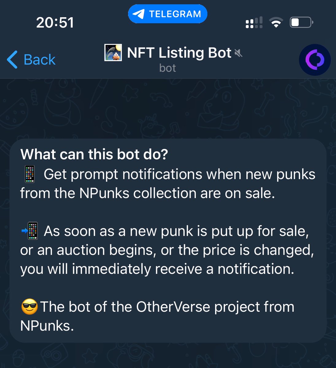near_punks's tweet photo. 🥳 The first our product - NFTListing Bot.

A telegram bot that will allow you to quickly receive notifications about new punks for sale. With  attributes, rank, price in Near and USD, link to Paras. 

👉 https://t.co/mZcaK1PB9C

#NEAR #NFTs @Other_Verse  @NEARProtocol https://t.co/jPdYJ5ICe2