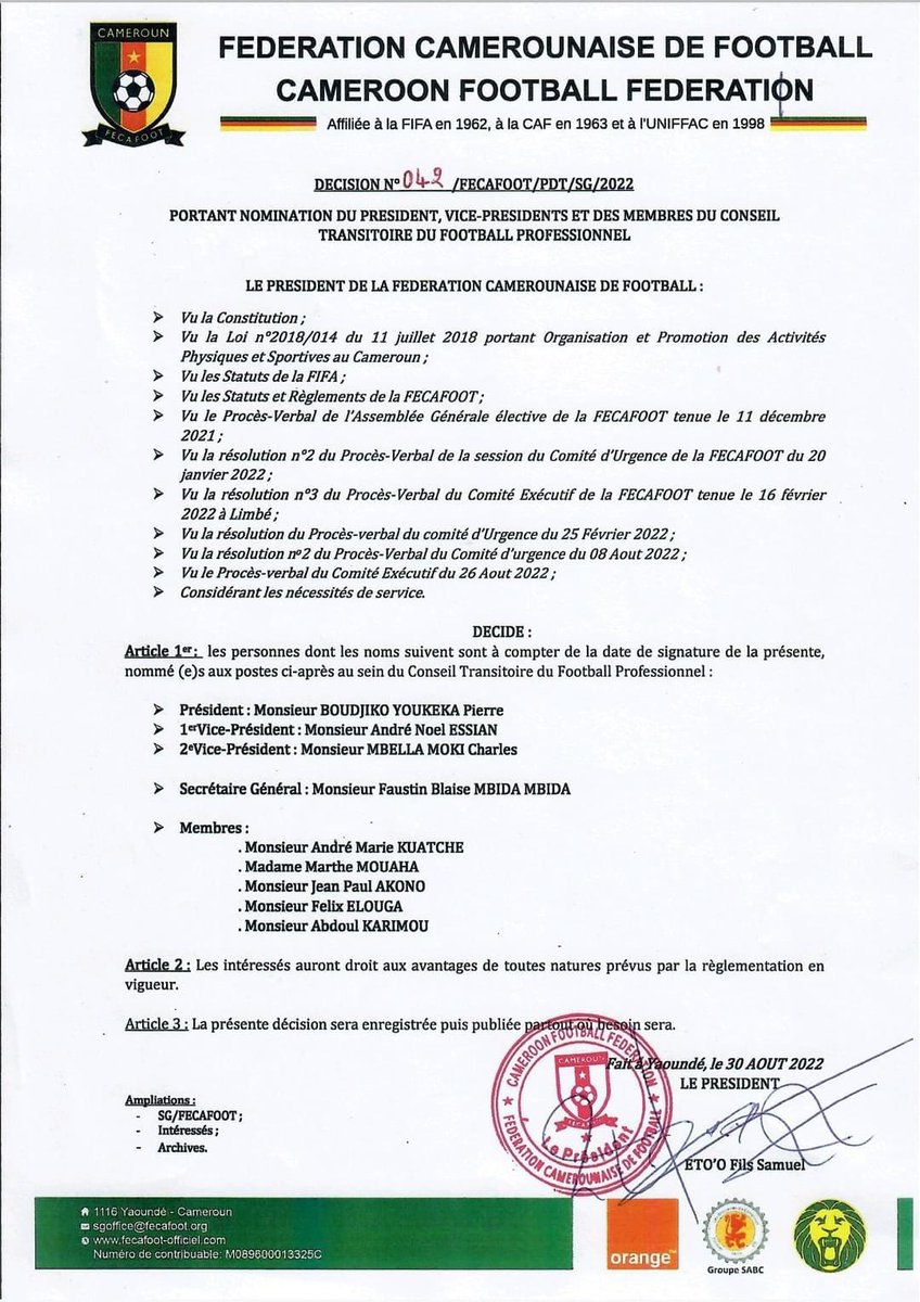 Thierry_Ngogang's tweet photo. Samuel ETO’O nomme Un nouveau bureau à la tête du Conseil Transitoire du Football Professionnel https://t.co/oCPlWmlDfg