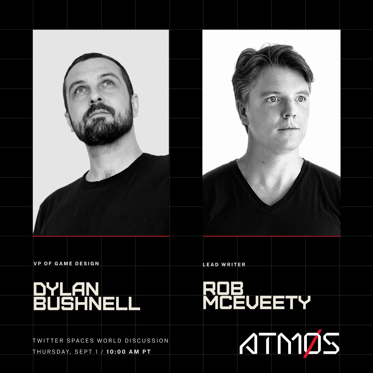 Today - <a href="/Atmos_Labs/">Atmos Labs</a>' VP of Game Design <a href="/DylanBushnell/">Dylan Bushnell</a> &amp; Lead Writer <a href="/RobMcEveety/">Robert McEveety</a> discuss Atmos' story &amp; narrative with our community. 

See you in an hour!

x.com/i/spaces/1jMKg…