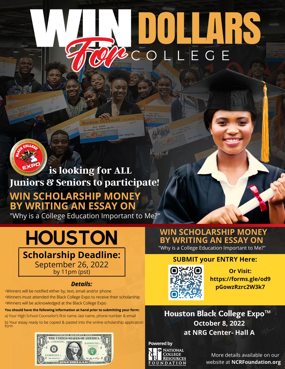 HISDInnovation's tweet photo. Win Dollars for College HOUSTON! Scholarship deadline is September 26, 2022 by 1:00am (CST). Looking for all Juniors and Seniors to participate! @HoustonISD @HISDInnovation @HISDCTE @HISDCTEadvisors https://t.co/ixhotrvNM5