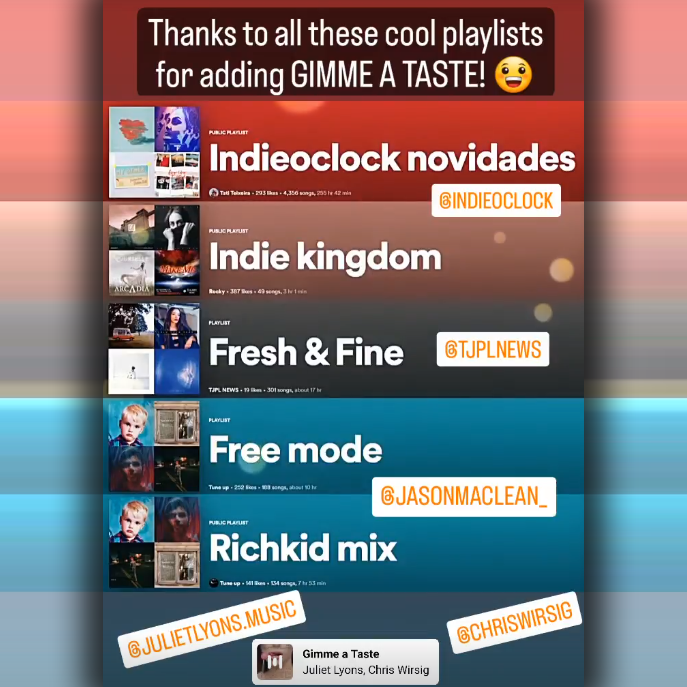 nocarriermusic's tweet photo. Thanks to all these cool playlists for adding #julietlyons and my song GIMME A TASTE! 😊🙏
Check them out and give them a follow:
@indieoclock - #tjplnews - #jasonmaclean
#chriswirsig #gimmeataste #popsong #summerpop #coolpop #spotify #spotifyplaylists https://t.co/GUa1WD5jgk