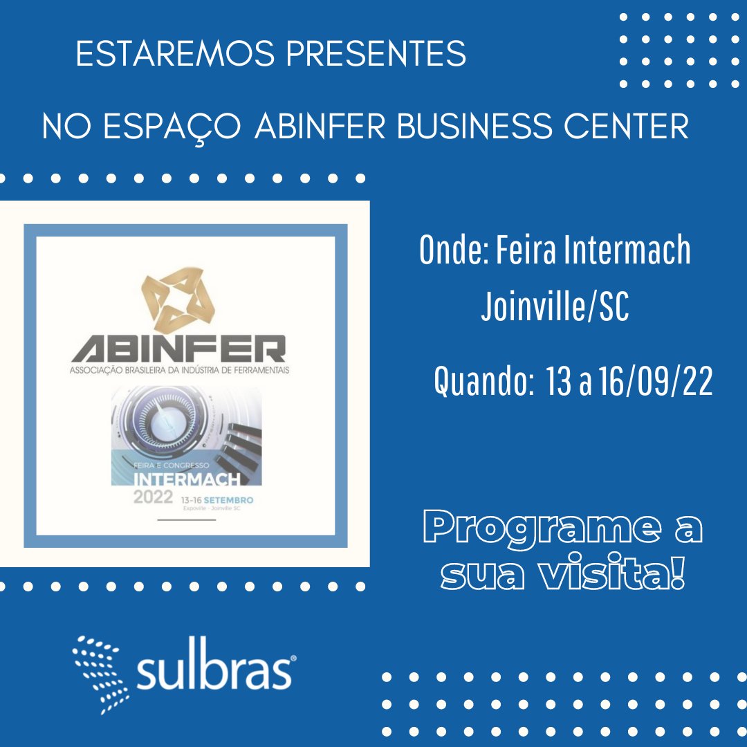 Sulbras's tweet photo. Estaremos presentes no stand coletivo do Espaço Abinfer Business Center, na Feira Intermach, que ocorrerá de 13 a 16/09 em Joinville/SC.

Para mais informações sobre a feira acesse: https://t.co/kmLDjmGA4k

#sulbras #ferramentaria #intermach #joinville https://t.co/qUtgeu0Np1