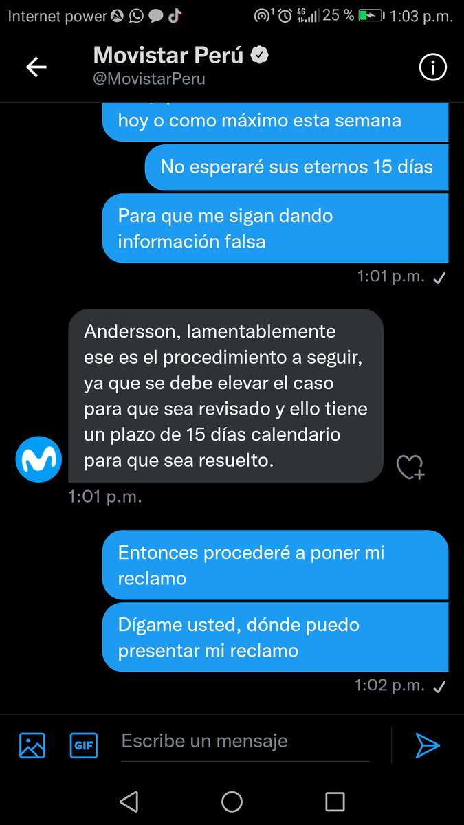 Ron__Conpasas's tweet photo. @MovistarPeru @OSIPTEL Y ahí vamos otra vez, con sus eternos 15 días. Ya cuántos voy y cuántos más me seguirán dando? https://t.co/6ebOckBfjm