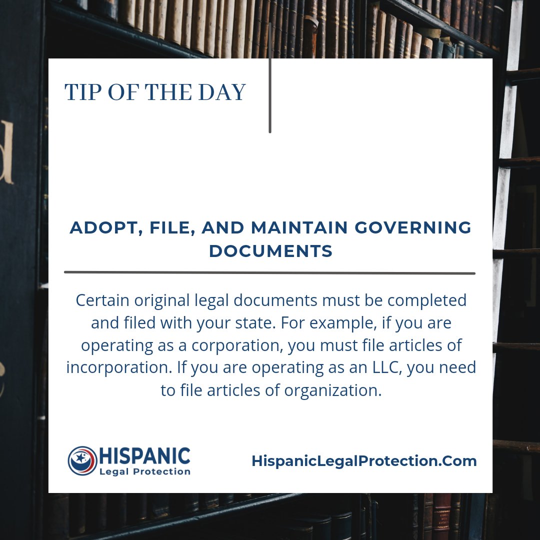 HispanicLegal1's tweet photo. Tip of the Day!

"Adopt, File, and Maintain Governing Documents"

#hispanicconsumer #protection #legalassistance #hispaniclegalrights #hispaniconlineportal #attorney #lawyer #abogado #legal #immigration #bankruptcy #criminal #civil #latinos #hispanics #personalinjury #caraccident https://t.co/8VpyCUffk1